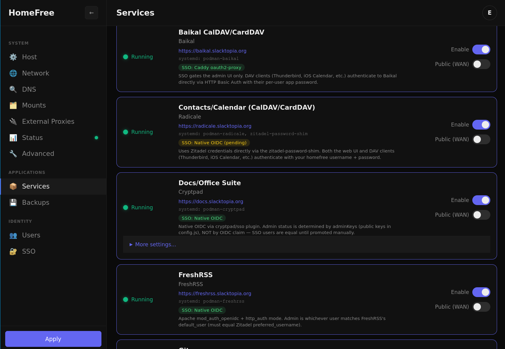 HomeFree admin dashboard showing service overview