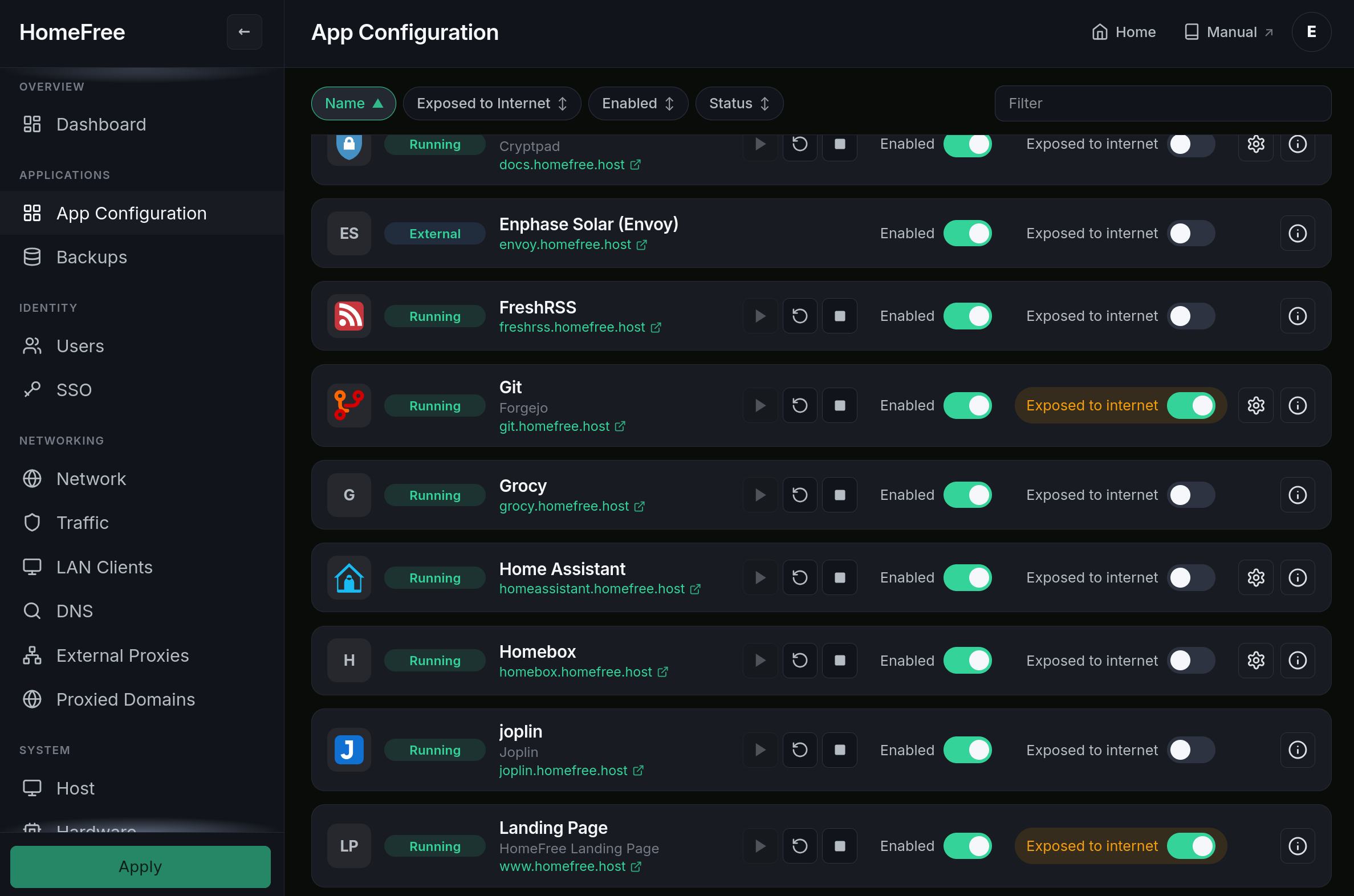 HomeFree admin UI: App Configuration page with apps running, enabled, and selectively exposed to the internet