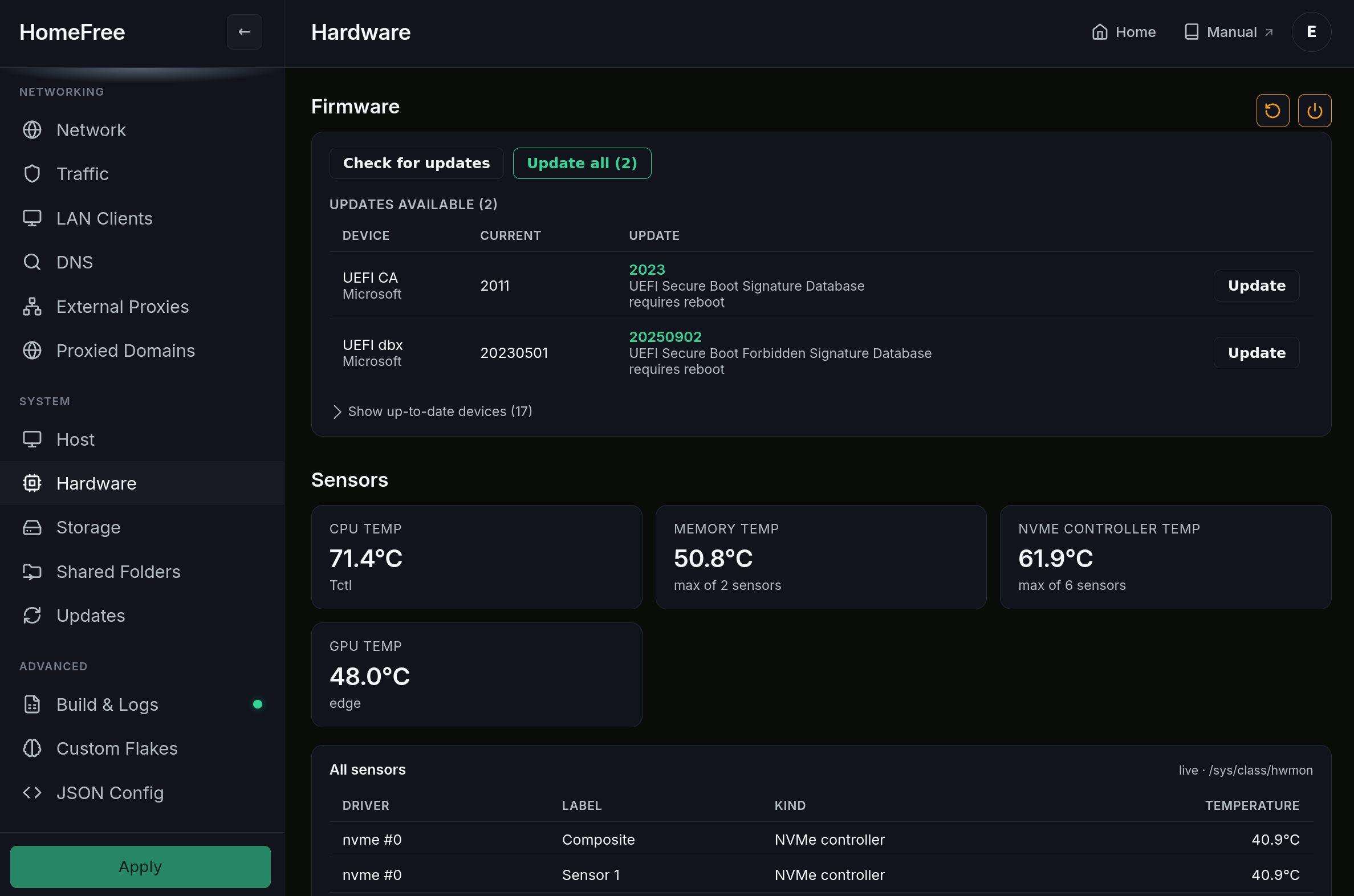 HomeFree Hardware page listing detected drives, NICs, and USB devices