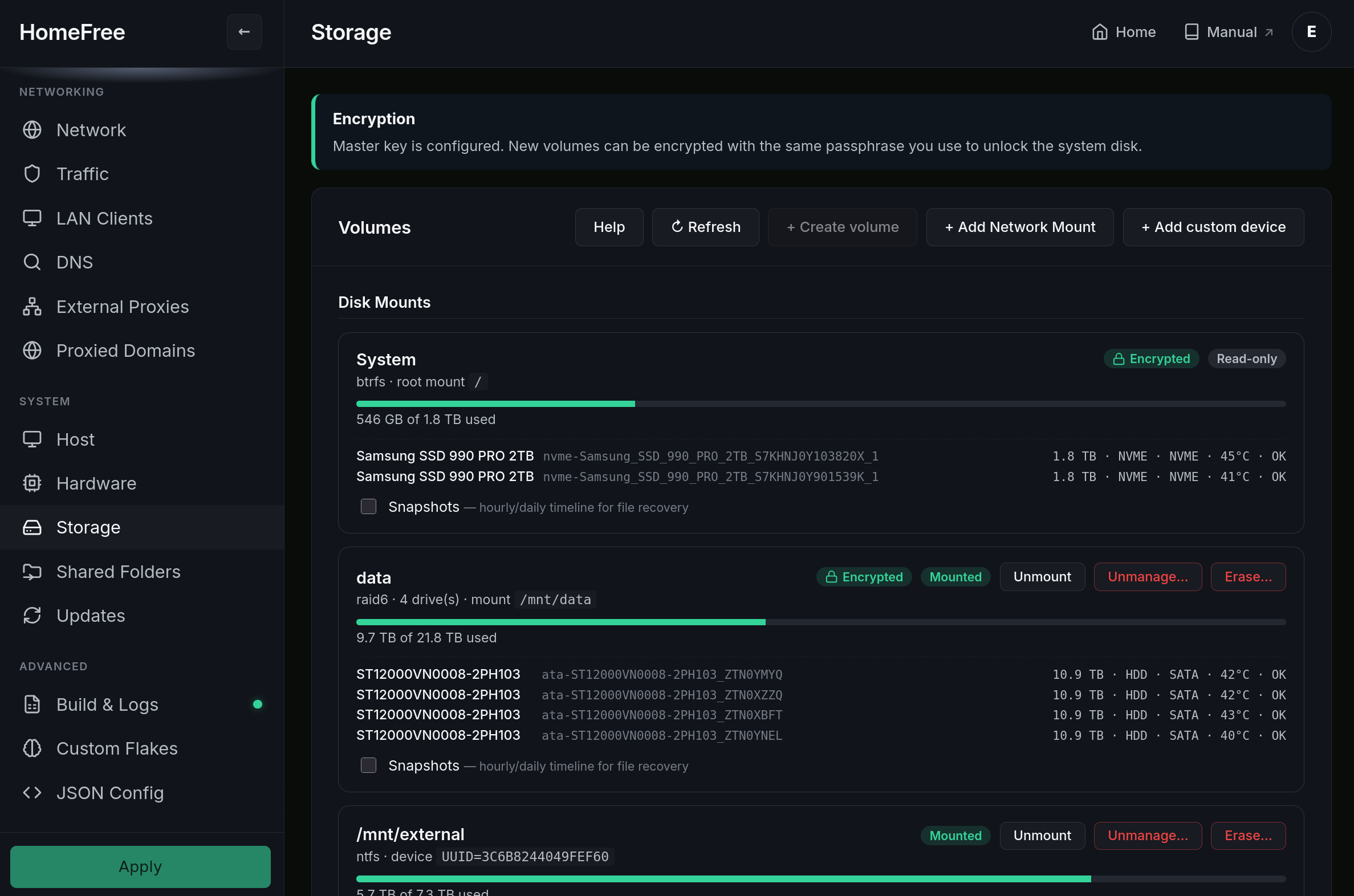 HomeFree Storage page showing pools, drives, and shared folders